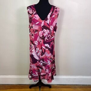 Vintage Bob Mackie Studio Pink Floral Silk Sleeveless V-Neck Dress Size 16